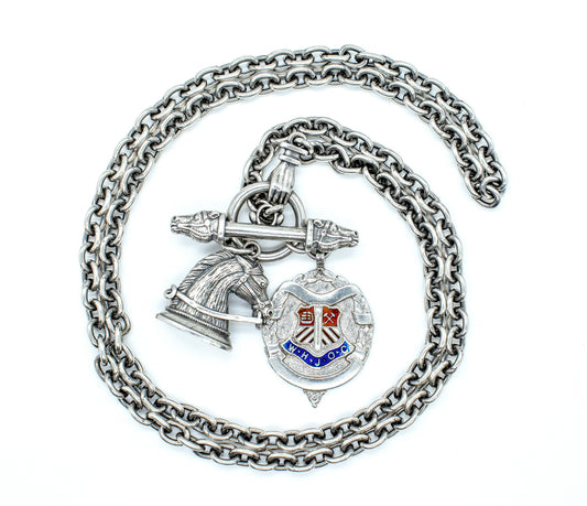 24” Heavy Cable Horse & Rider Toggle Necklace with Victorian Style Horse Head Charm and Antique UK Commemorative Medal